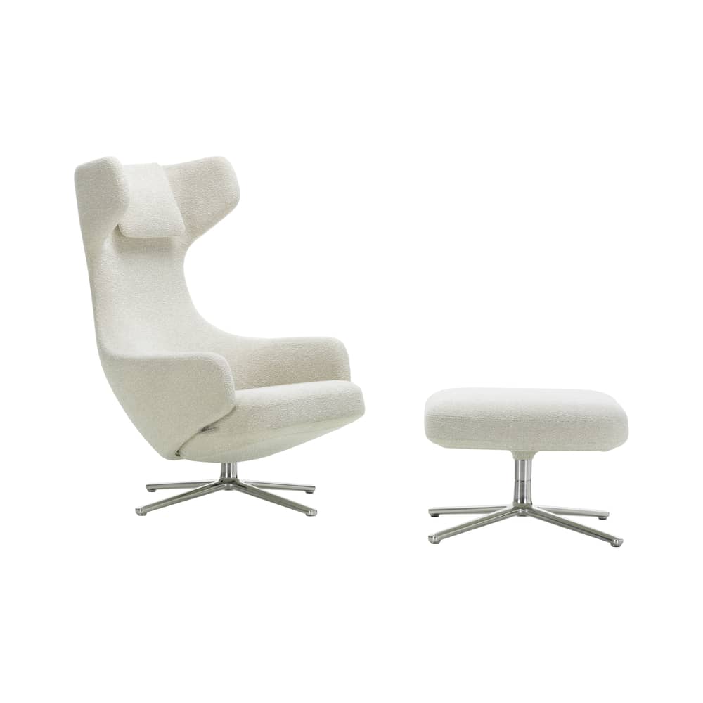 Set poltrona e poggiapiedi Grand Repos tessuto bianco / Girevole & inclinabile - Tessuto - Vitra - Avorio-perla (tessuto Nubia) / Alluminio lucidato -  Plumes, Alluminio lucido, Schiuma di poliuretano, Tessuto
