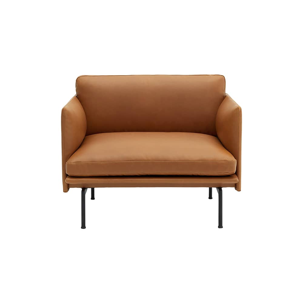 Fauteuil rembourré Outline cuir marron - Muuto - Cuir cognac (cuir Silk) / Pieds noirs -  Plumes, Aluminium laqué, Cuir pleine fleur, Mousse haute densité