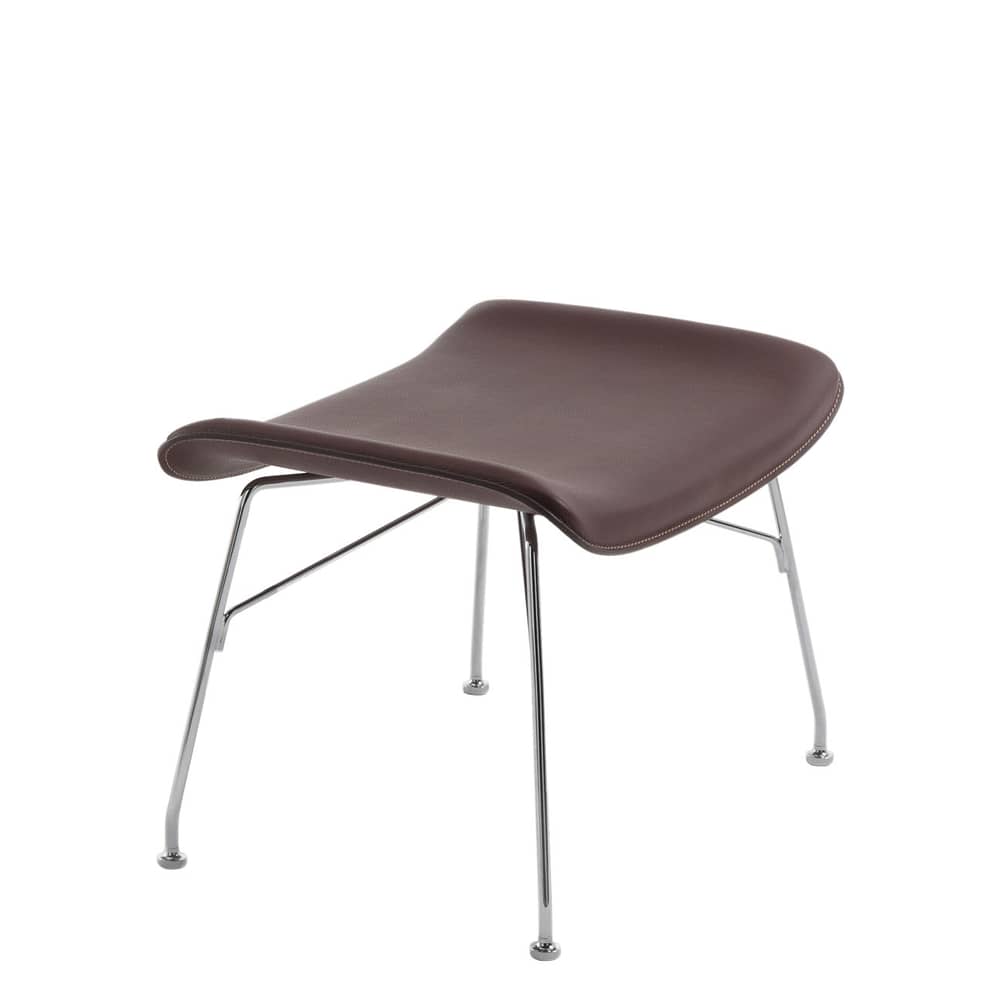 Repose-pieds K/Wood bois multicolore / Bois moulé & cuir / Modèle d\'expo - Kartell - Frêne foncé & cuir marron - Acier chromé, Contreplaqué de frêne moulé, Cuir