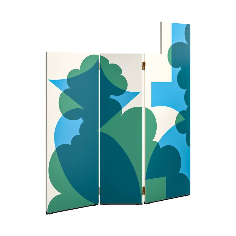 Balla Folding screen wood blue / Giacomo Balla, 1917 - CASSINA - White, Green & Blue - Brass, Screen-printed plywood