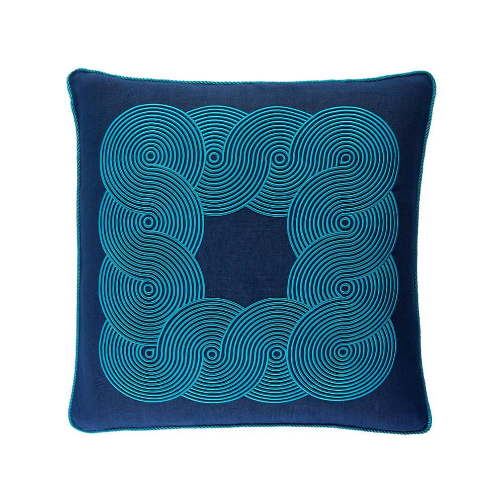 Kissen Pompidou Border textil blau / 55 x 55 cm - Jonathan Adler - Blau -  Duvet,  Plumes, Leinen