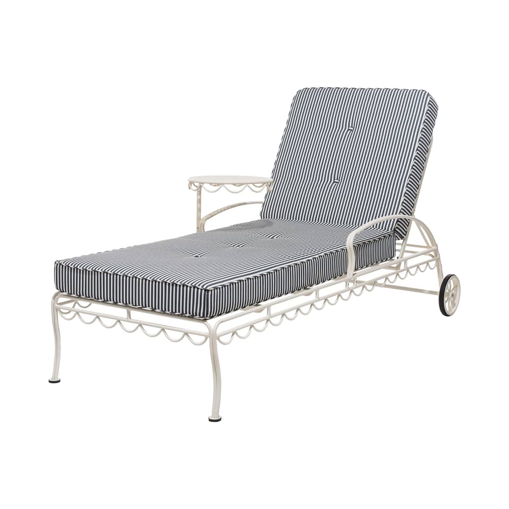 Transat inclinable à roulettes Al Fresco métal / Matelas inclus - Tablette latérale pivotante - BUSINESS & PLEASURE - Coussin Laurens (rayé bleu) - Acier, Mousse, Tissu outdoor Pleasuretex®