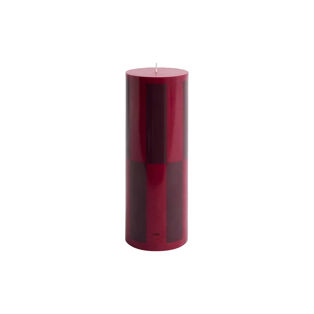 Column Block candle wax multicoloured / Ø 9 x H 25 cm - Hay - Burgundy Red large check Tiles - Oil, Stearin
