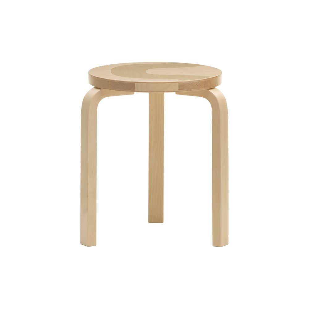 Stappelbarer Hocker 60 holz natur / 3 Füße - Artek + Marimekko, Limitierte Auflage 90. Geburtstag - ARTEK - Muster Seireeni / Birke - Birke Schichtholz, Birkenholzfurnier