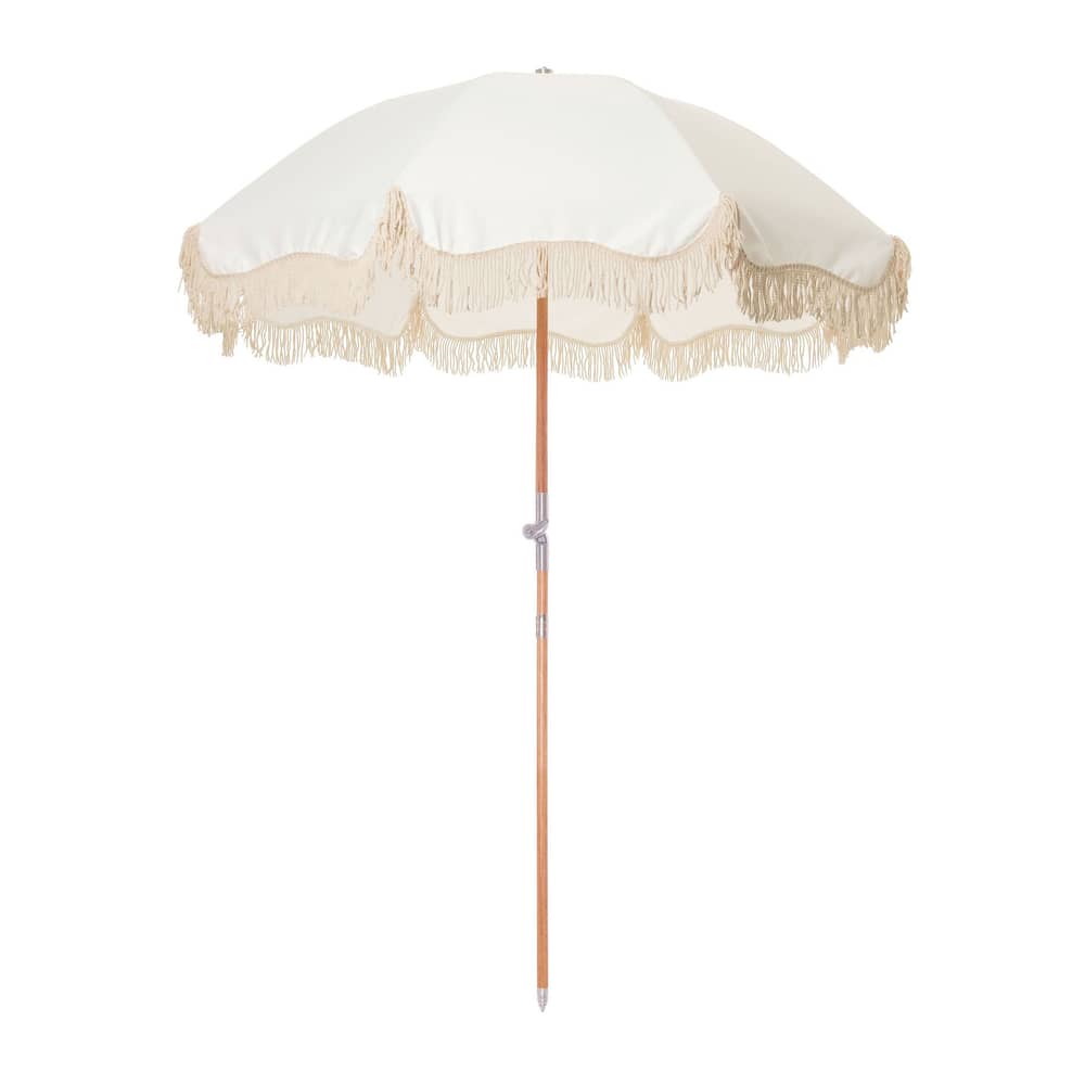 Parasol The Premium Beach blanc / Ø 180 cm - Inclinable - BUSINESS & PLEASURE - Uni blanc / Antique - Aluminium poli, Bois lamellé-collé de récupération, Fibre de verre, Toile outdoor