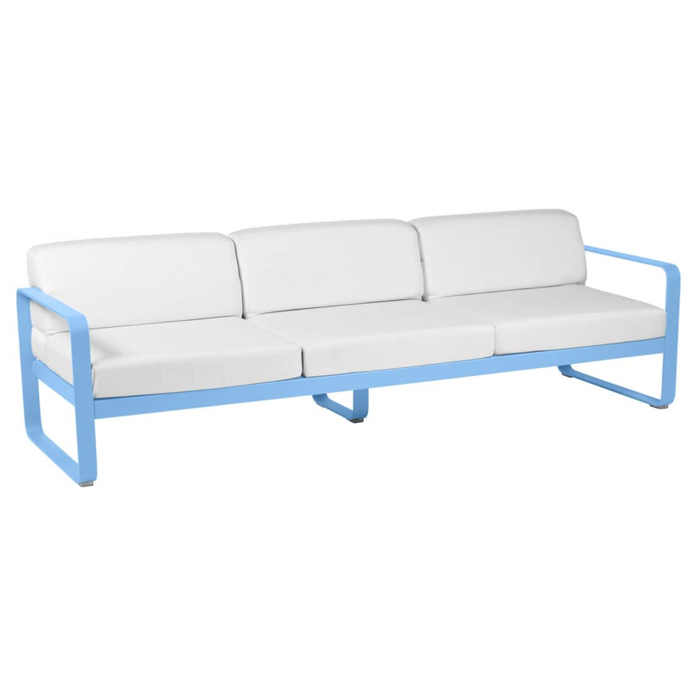 Divano da giardino a 3 posti Bellevie metallo blu / L 235 cm - Tessuto Grigio Talpa - Fermob - Tessuto Maya Blu/Bianco Grigio - Alluminio laccato, Schiuma poliuretanica HR, Tessuto acrilico