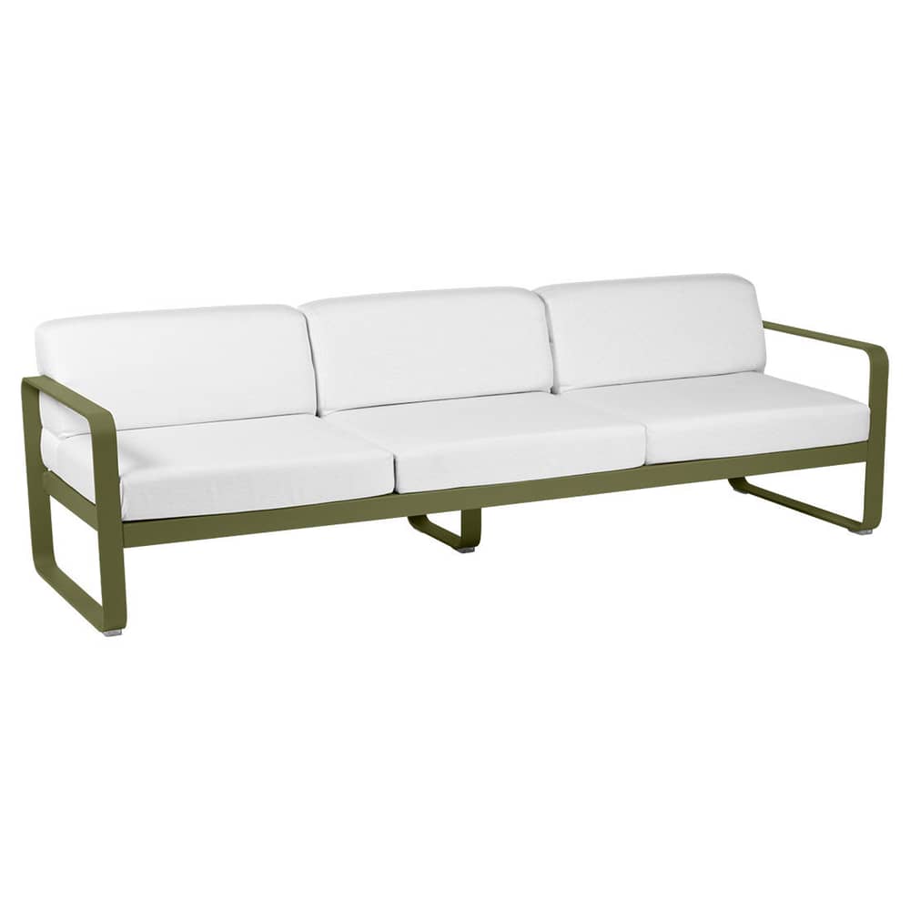 Canapé de jardin 3 places Bellevie métal tissu vert / L 235 cm - Tissu taupe grisé - Fermob - Pesto / Tissu blanc grisé - Aluminium laqué, Mousse polyuréthane HR, Tissu acrylique