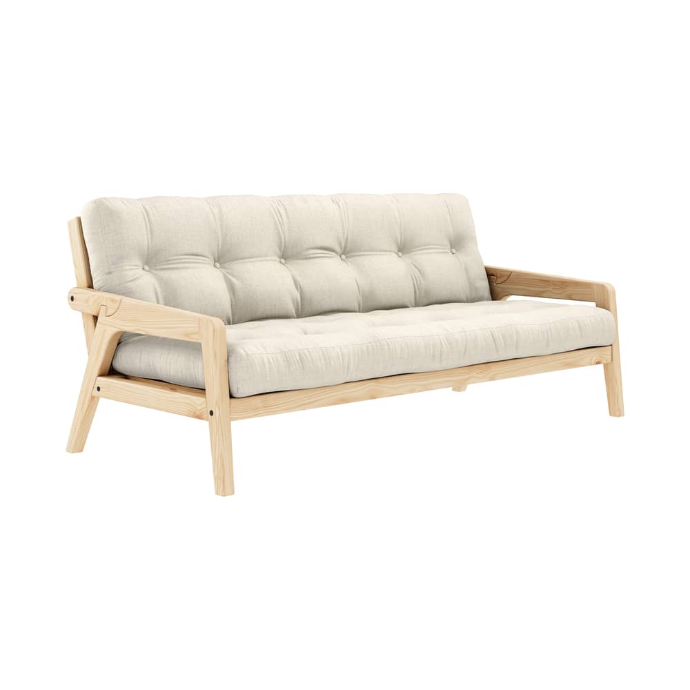 Schlafcouch Grab holz weiß / L 204 cm - 3-Sitzer - KARUP - Leinen 914 / Klare Kiefer, hell - FSC-zertifiziertes Massivholz Kiefer, Gewebe, Recycelte Mischfasern, Schaumstoff