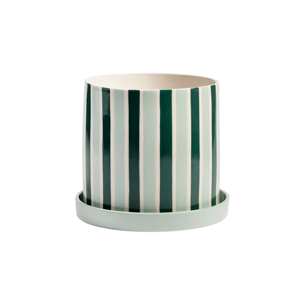 Clash Flowerpot ceramic green / With Saucer - Ø 23.5 x H 21 cm - & klevering - Stripe / Green - China