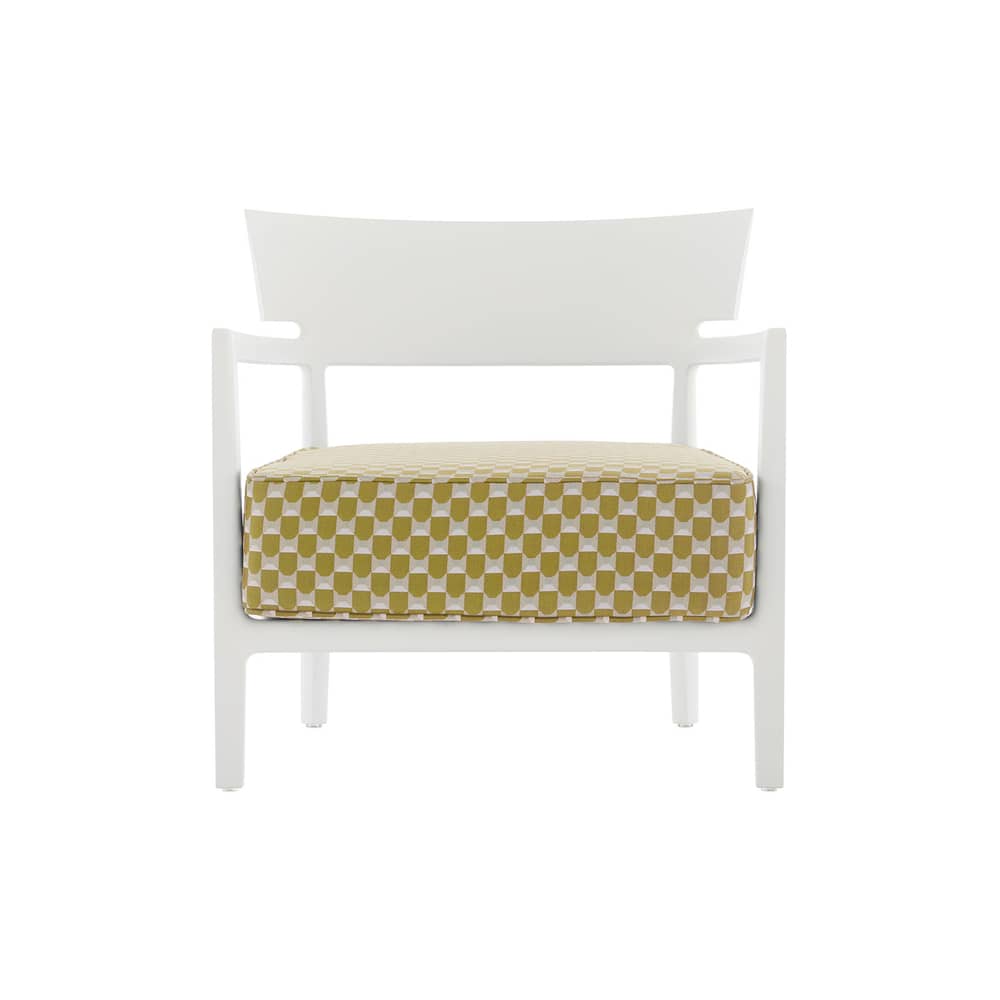 Gepolsterter Sessel Cara OUTDOOR x Liberty textil gelb - Kartell - Weiß mattiert / Stoff Gelb (Liberty Obi Check) - Liberty-Stoff, Polykarbonat, Polyurhethan