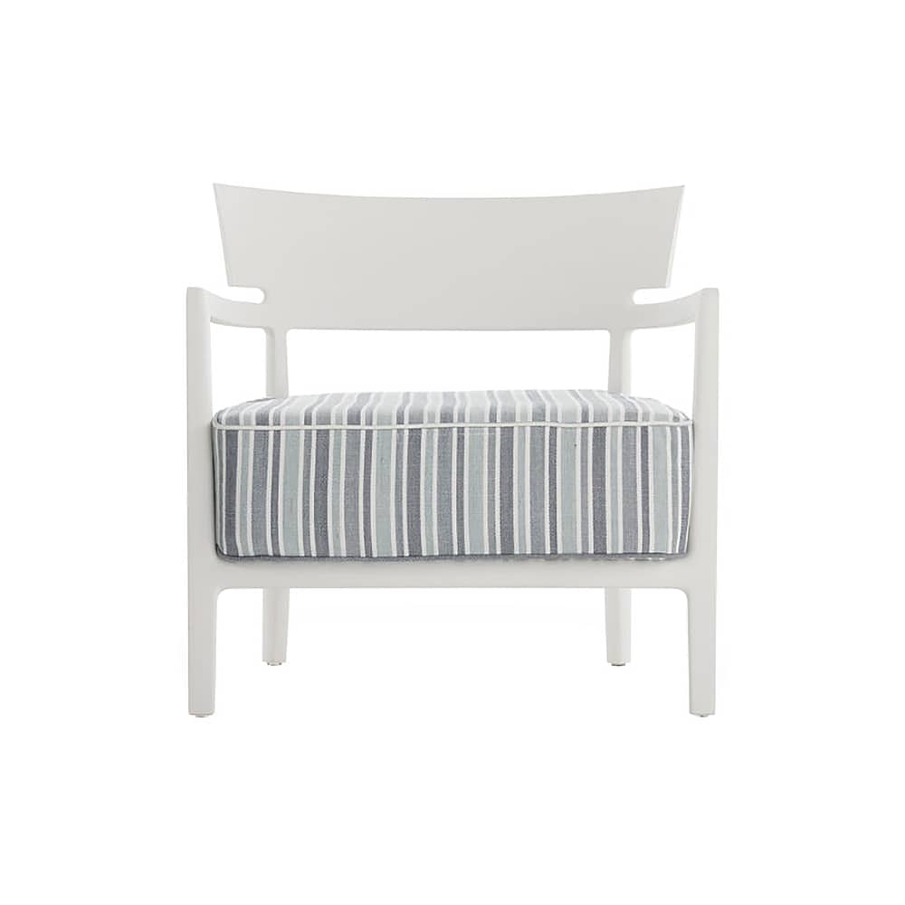Fauteuil rembourré Cara OUTDOOR   - Kartell - Blanc mat / Tissu rayé vert - Mousse polyuréthane, Polycarbonate, Tissu outdoor