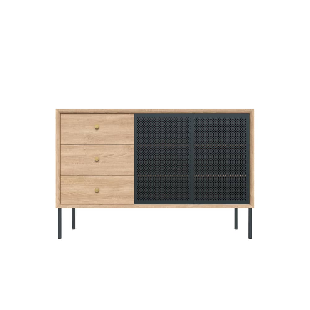 Buffet Gabin métal gris bois naturel / Haut - 3 tiroirs - L 120 cm - Hartô - Ardoise / Chêne - Bois peint, Laiton, MDF plaqué chêne, Métal perforé