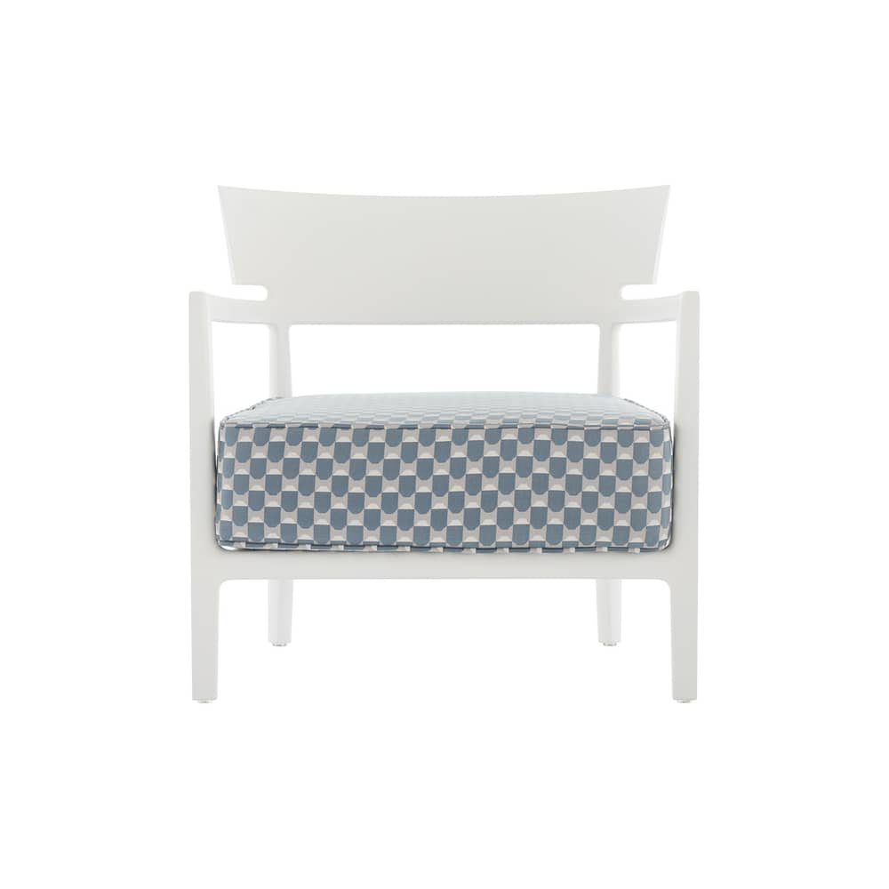 Poltrona imbottita Cara OUTDOOR x Liberty tessuto blu - Kartell - Tessuto Bianco opaco / Blu (Liberty Obi Check) - policarbonato, Poliuretano, Tessuto Liberty