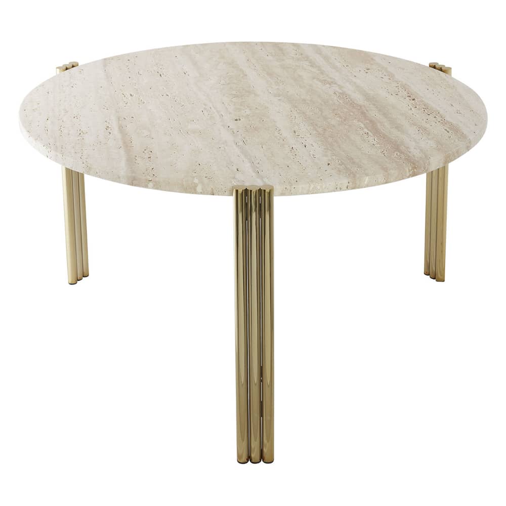 Tavolino Tribus pietra oro beige / Ø 80 x H 45 cm - Travertino - AYTM - Travertino beige / Oro - Acciaio, Travertino
