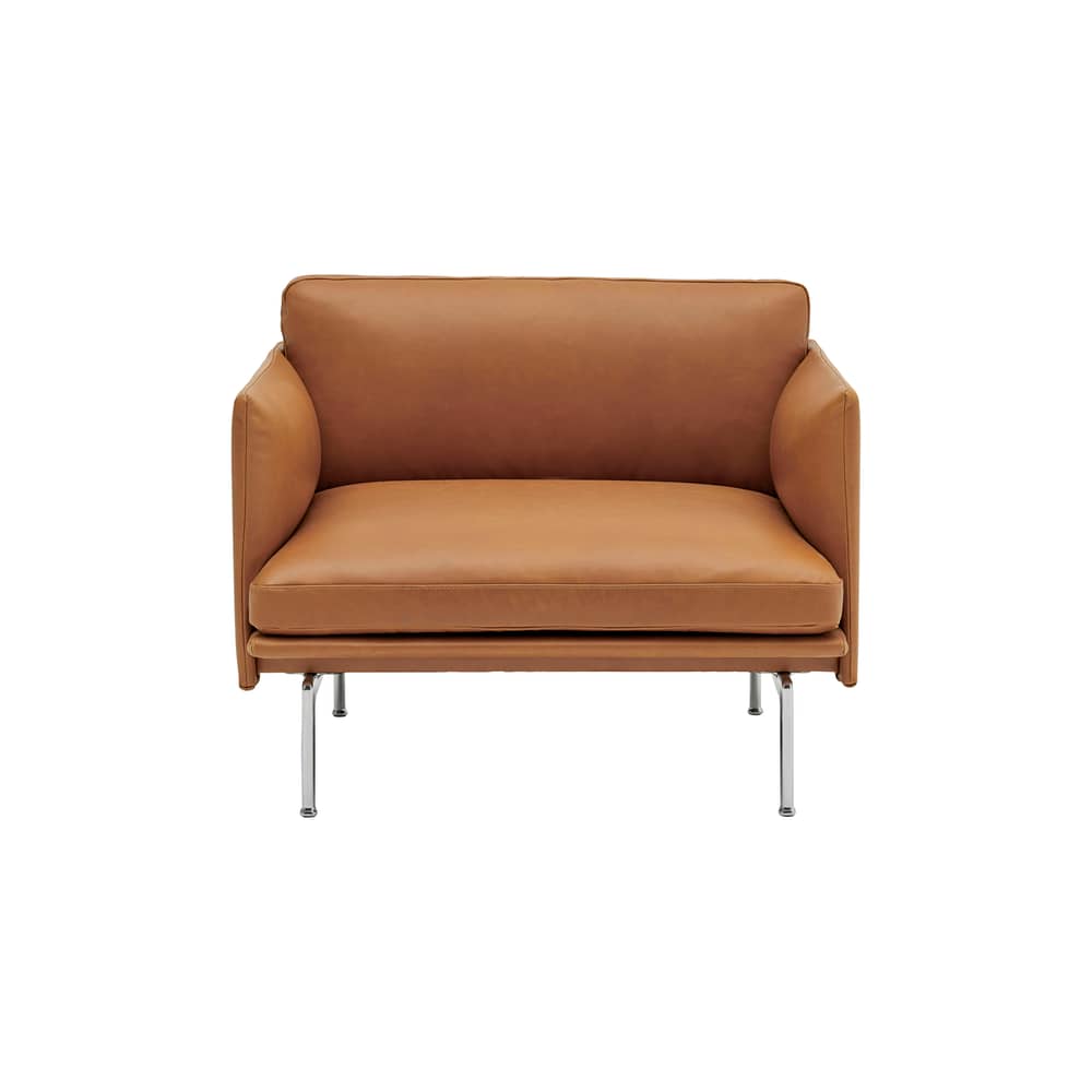 Poltrona imbottita Outline pelle marrone - Muuto - Cognac (Pelle Refine) / Piedi in alluminio Lucido - Acciaio, Alluminio lucido, Legno, Pelle, Schiuma a freddo