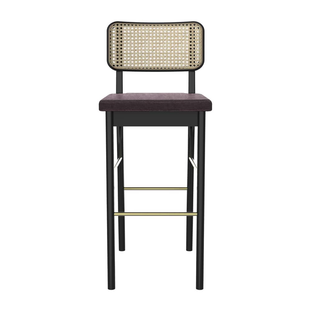 Sgabello bar Cannage fibre legno naturale / H 65 cm - RED Edition - Tessuto prugna / Nero - Espanso, Midollino, Ottone, Rovere, Tessuto