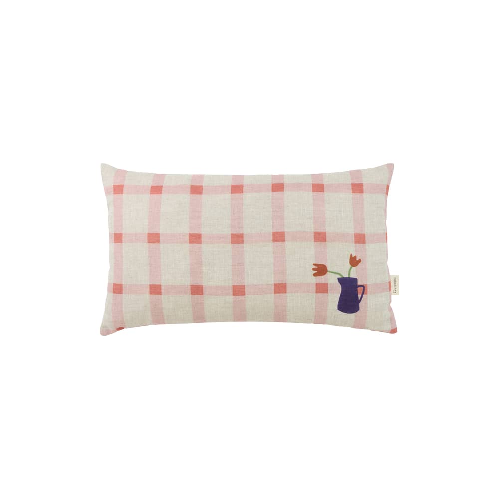 Coussin Vibes Rectangular tissu rose / Medium - 44 x 25 cm - NOBODINOZ - Tulipes / Grille rose - Lin français, Polyester Oeko-Tex