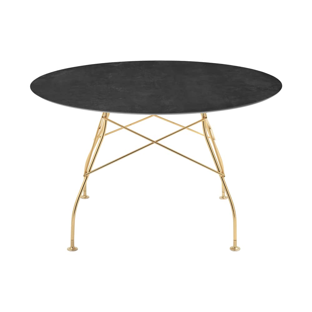 Table ronde Glossy Marble  / Ø 128 cm - Grès effet marbre - Kartell - Bronze ancien / Pied doré - Acier, Grès effet marbre