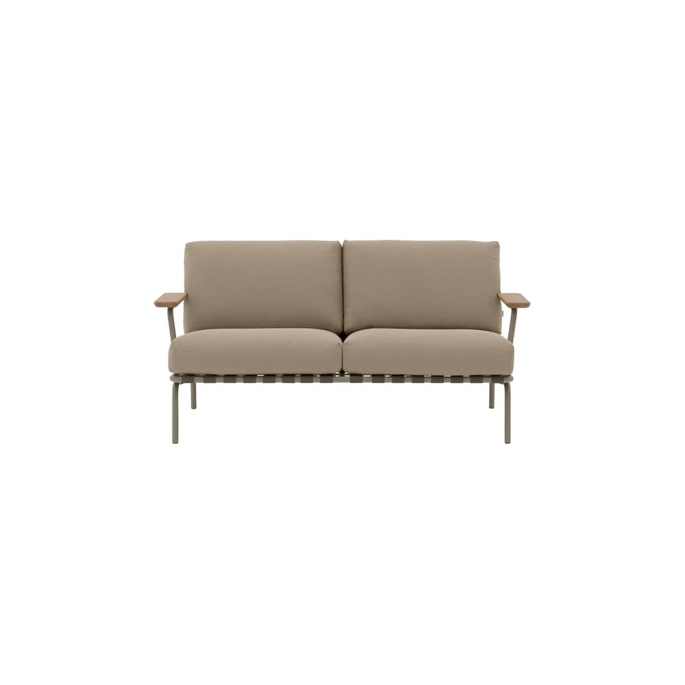 Divano da giardino a 2 posti Settle tessuto beige / 152,5 cm - Muuto - Tessuto Talpa / Beige (Trama a coste 5) - Acciaio, Cinghia in poliestere, Espanso, Mogano, Tessuto per esterni