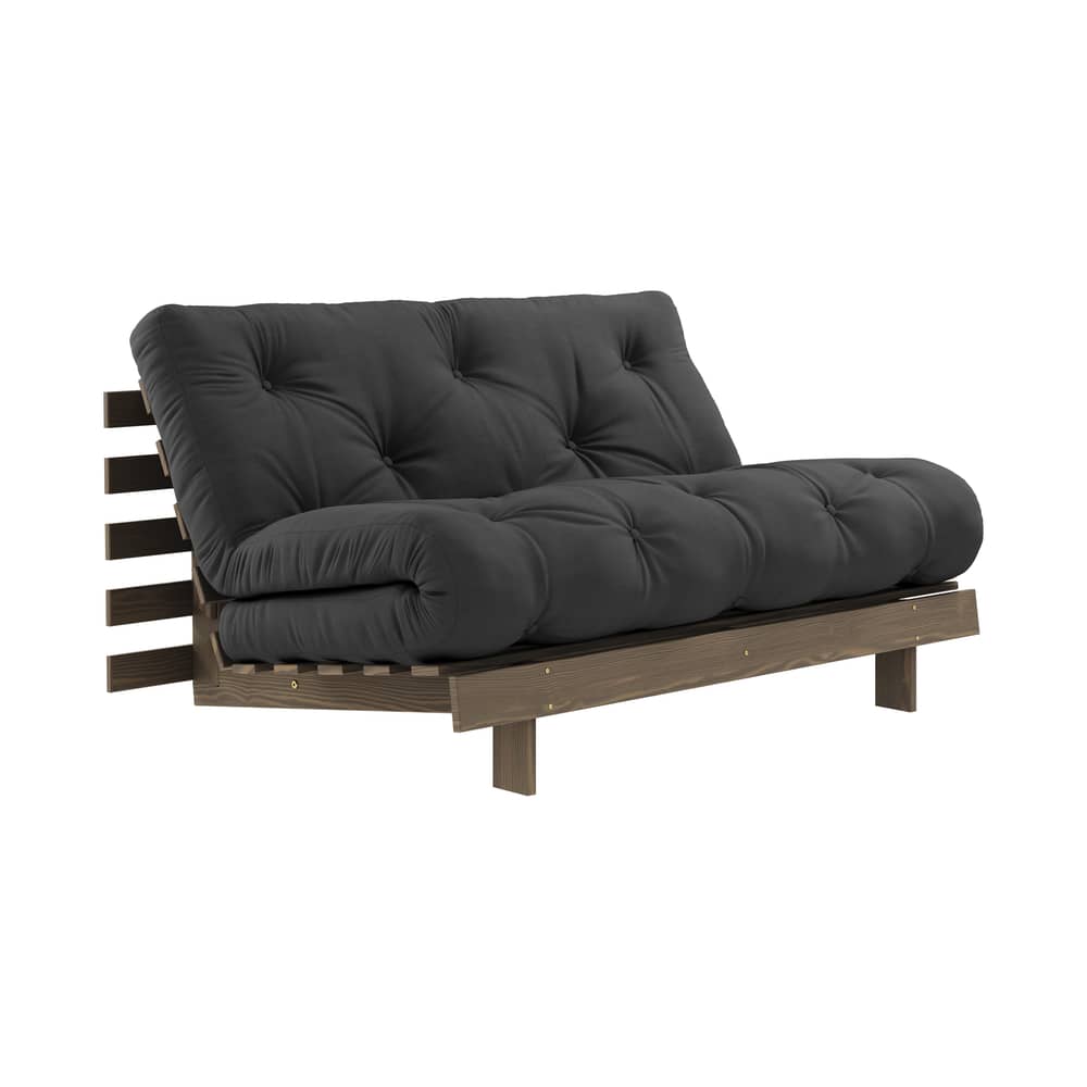 Schlafcouch Roots holz grau / B 140 cm - 3 Positionen / Struktur Braun - KARUP DESIGN - Dunkelgrau 734 / Holz dunkelbraun - FSC-zertifizierte, lackierte Massivkiefer, Gewebe, Recycelte Mischfasern, Schaumstoff