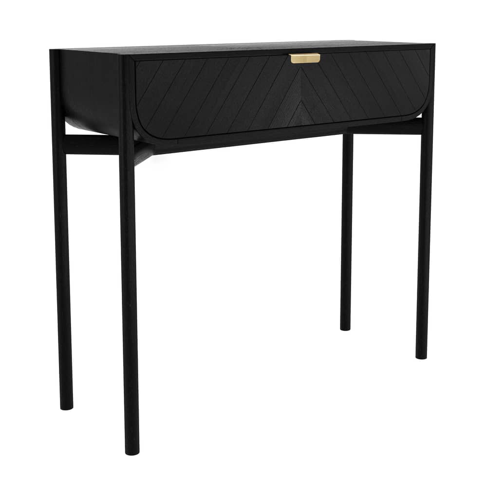 Console Marius bois noir / Avec tiroir - L 100 cm - Hartô - Chêne teinté noir - Chêne massif teinté, Laiton, MDF plaqué chêne teinté