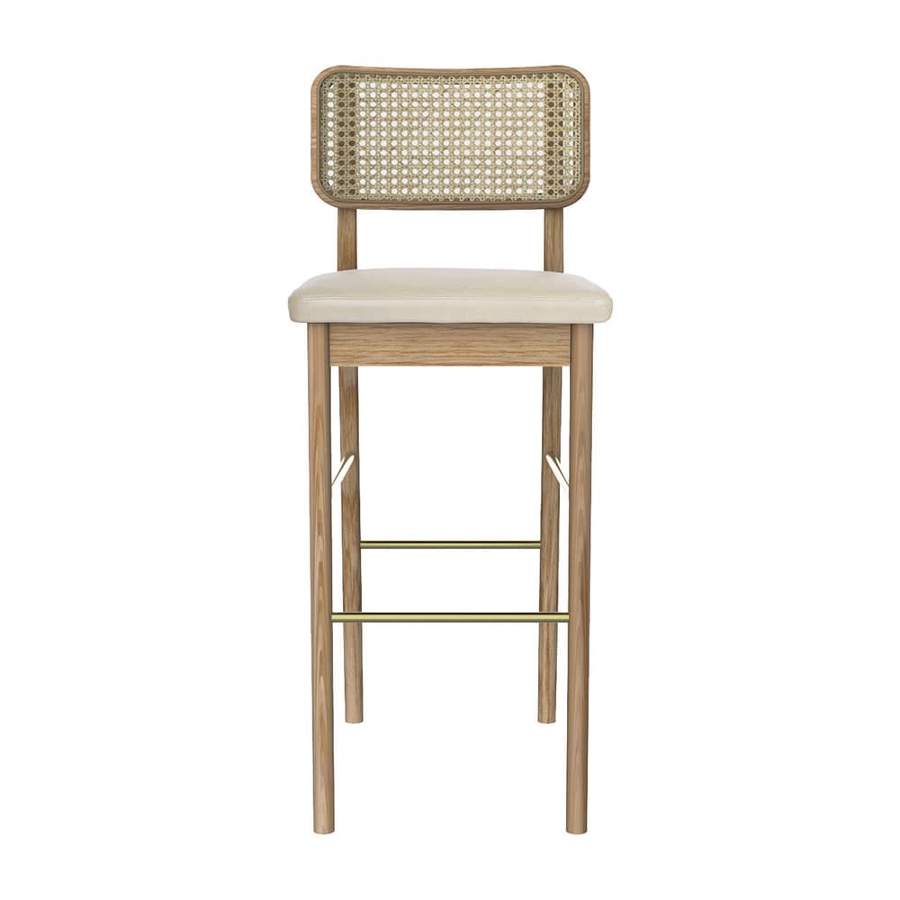 Chaise de bar rembourrée Cannage cuir blanc / H 65 cm - RED Edition - Cuir Vanille / Chêne - Cannage de rotin, Chêne massif, Cuir, Mousse