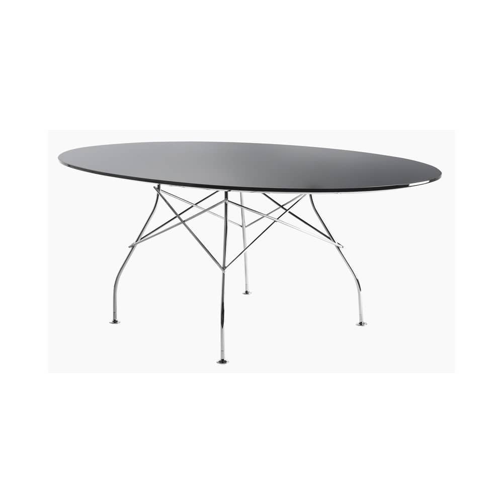 Ovaler Tisch Glossy Glass glas schwarz / oval - 194 x 120 cm - Tischplatte aus Glas - Kartell - Schwarz / Fuß chrom-glänzend - Glas, verchromter Stahl