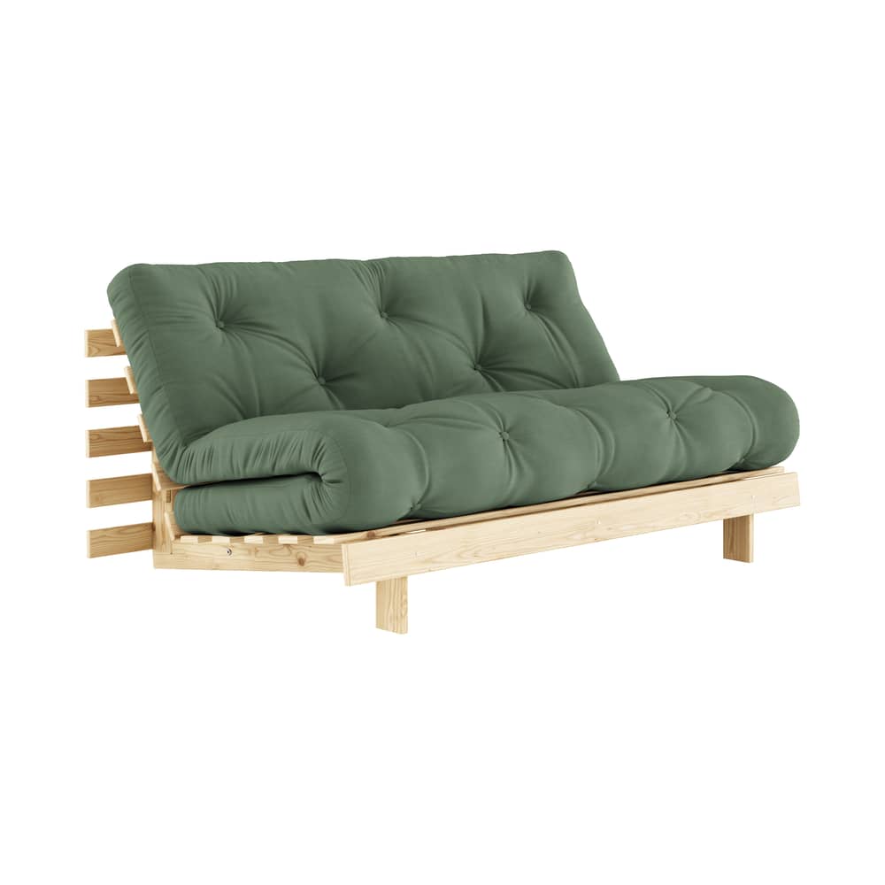 Schlafcouch Roots holz grün / B 160 cm - 3 Positionen / Struktur Pinie Klare Kiefer - KARUP - Olivgrün 756 / Klare Kiefer - FSC-zertifiziertes Massivholz Kiefer, Gewebe, Recycelte Mischfasern, Schaumstoff