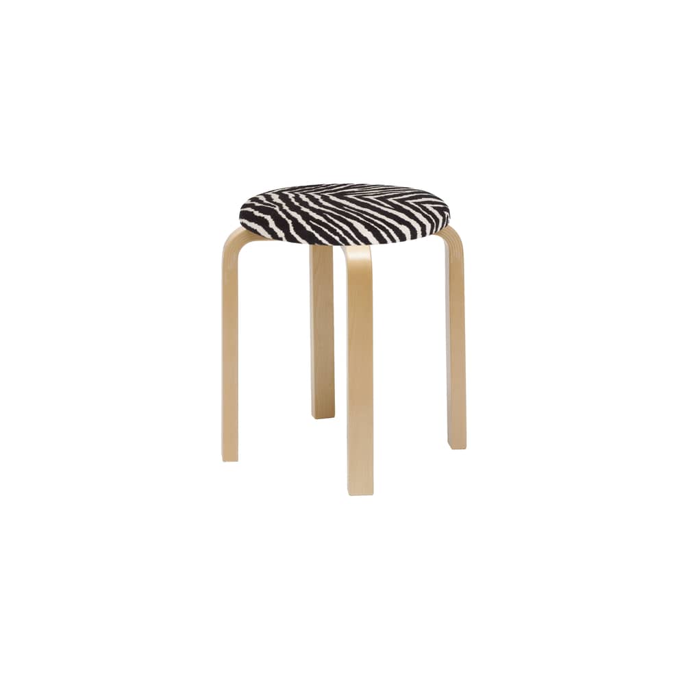 Tabouret empilable E 60 / Alvar Aalto, 1933 - 4 pieds - ARTEK - Tissu Zebra / Pieds bouleau - Contreplaqué de bouleau, Lamellé-collé de bouleau, Mousse, Tissu