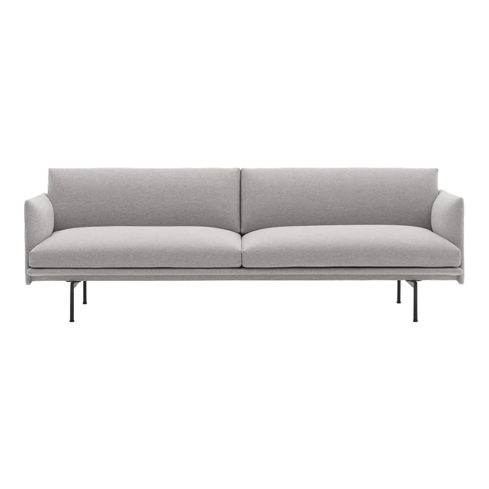 Sofa Outline textil grau / 3-Sitzer - L 220 cm - Muuto - Grau (Stoff Remix 12) / Beine schwarz -  Plumes, Clay-Stoff, High Density-Schaum, lackiertes Aluminium