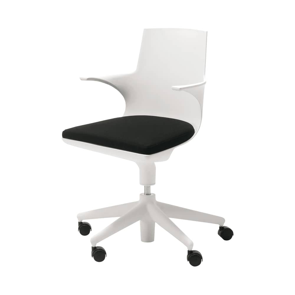Poltrona a rotelle Spoon Chair materiale plastico bianco / Imbottito - Kartell - Bianco/cuscino nero - Polipropilene