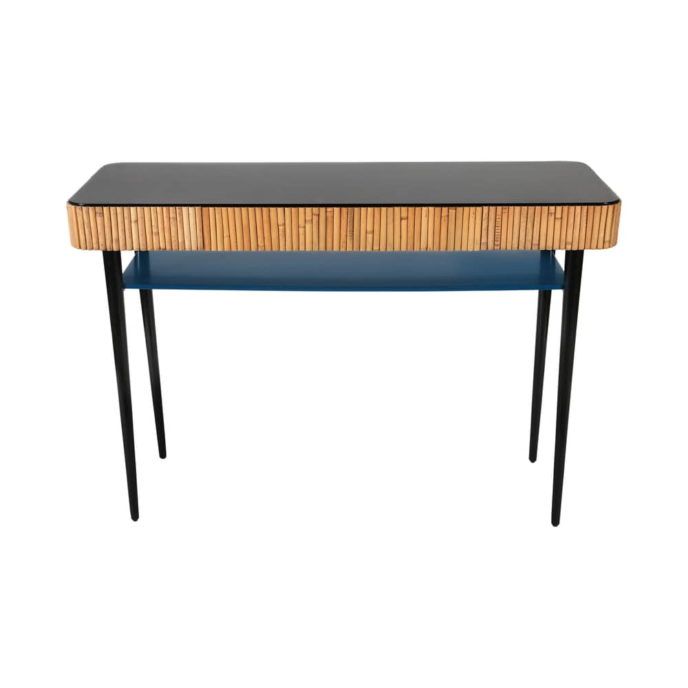 Console Riviera bleu noir bois naturel / Rotin - Tiroir - Maison Sarah Lavoine - Noir & bleu Sarah / Rotin naturel - Bois laqué, Rotin naturel