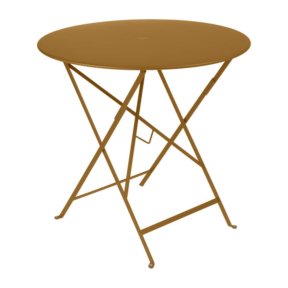Bistro Foldable table metal yellow /Ø 77 cm - 3/4 people - Parasol hole - Fermob - Gingerbread - Lacquered steel