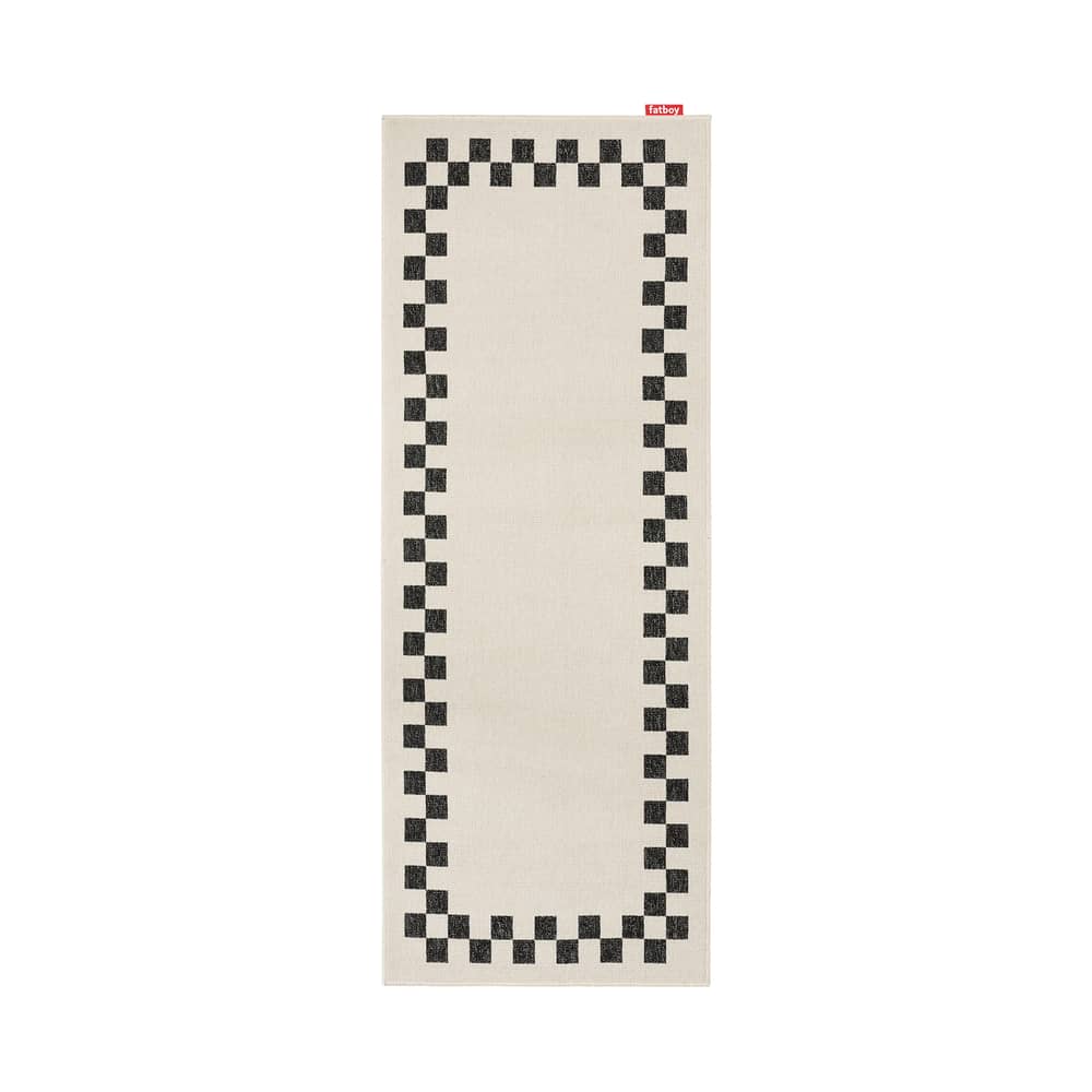 Tappeto per esterno Carpretty Catwalk tessuto grigio / 200 x 80 cm - Fatboy - Bordo a quadri / Crema e Antracite - Tessuto in polipropilene