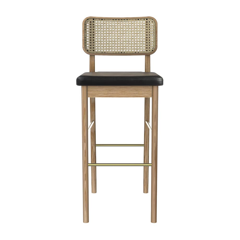 Tabouret de bar Cannage   / H 65 cm - RED Edition - Cuir noir / Chêne - Chêne massif, Cuir, Laiton, Mousse, Rotin