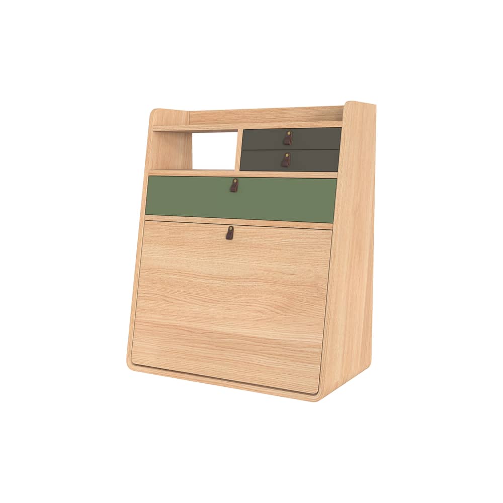 Secrétaire murale Gaston legno verde / L 60 x H 72 cm - Rovere - Hartô - Verde Cenere e Salvia / Rovere - MDF laccato, MDF rivestito in rovere, Pelle