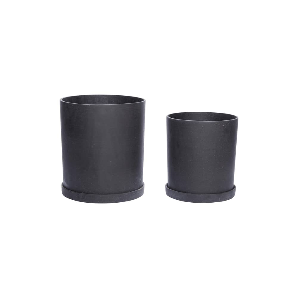 Set de 2 pots de fleurs Podium Medium / Avec soucoupes - HÜBSCH - Noir - Polyrésine, Poudre de pierre