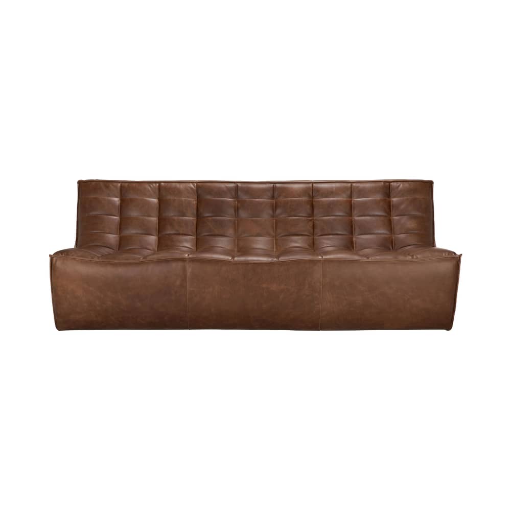 Canapé droit N701 cuir marron / 3 places - L 210 cm / Seconde vie - Ethnicraft - Châtaigne - Bois, Cuir aniline, Mousse PU haute densité
