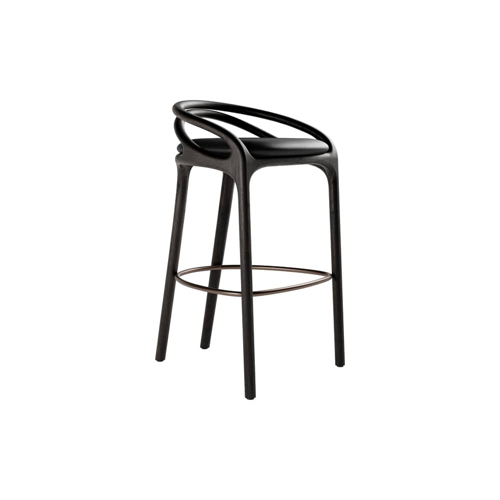 Aleta INDOOR High stool leather black / H 78.5 cm - MORPHO - Black Leather / Dark brown - High resilience foam, Metal, Semi-aniline leather, Solid teak