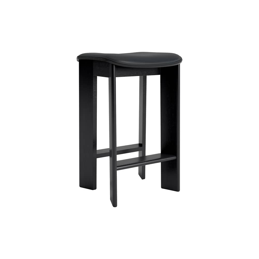 Tabouret haut Chisel 30 Low / H 65 cm - Rembourrage cuir - Hay - Cuir noir (Grano) / Noir - Cuir, Mousse, Placage de chêne laqué