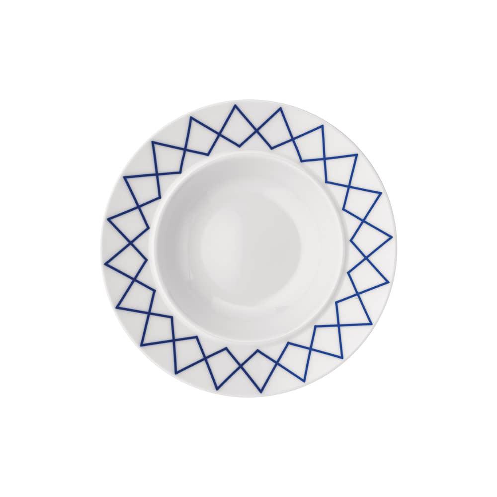Set 4 assiettes creuses La Bella Tavola -  céramique blanc / Ettore Sottsass - Alessi - Motif bleu - Porcelaine fine