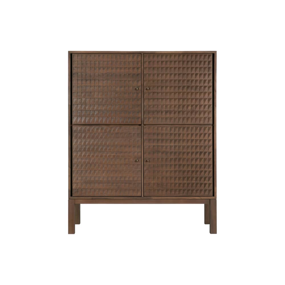 Buffet Sono legno marrone / L 116 x H 144 cm - Pannelli in rilievo intagliati a mano - Ethnicraft - Maniglie in Teck / Ottone - Ottone fuso, Teak massello verniciato
