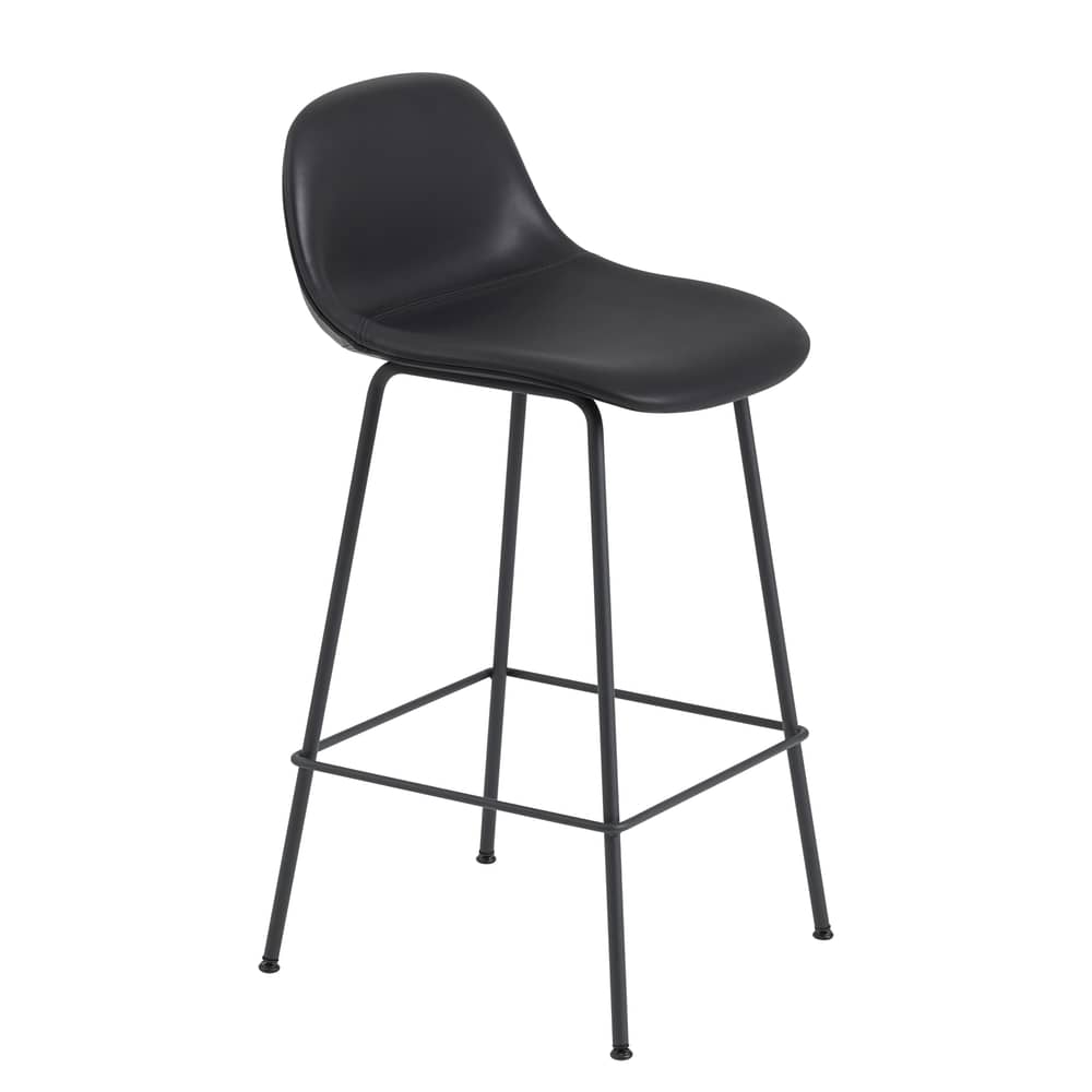 Hochstuhl Fiber Bar leder schwarz / H 65 cm - Leder & Metallfüße - Muuto - Leder schwarz / Fuß schwarz - bemalter Stahl, Recyceltes Verbundmaterial, Vollnarben-Leder