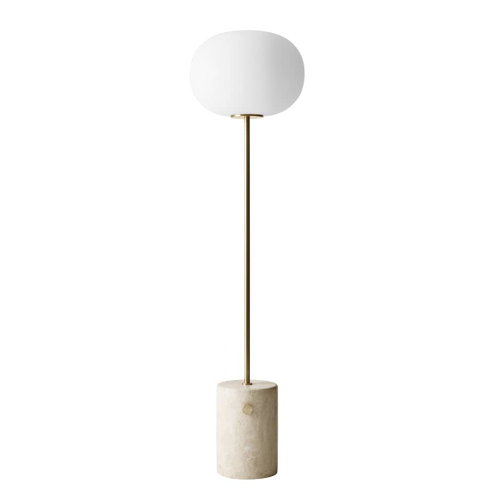 Lampada a stelo JWDA vetro pietra bianco oro / vetro & pietra - Audo Copenhagen - Bianco & ottone / Pietra beige - Ottone spazzolato, Travertino, Vetro soffiato a bocca