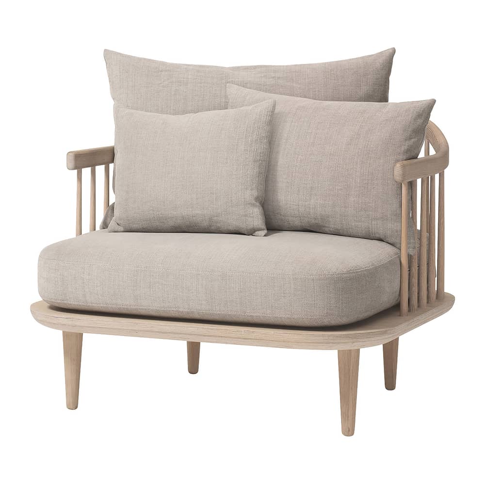 Poltrona imbottita FLY tessuto grigio legno naturale / L 87 cm - &tradition - Rovere sbiancato / Cuscini grigio chiaro -  Plumes, Espanso, Rovere sbiancato, Tessuto