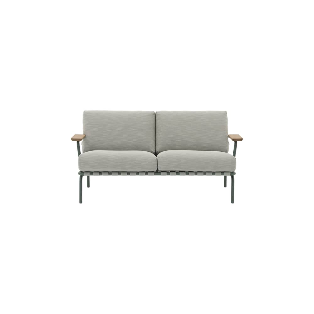 Gartensofa 2-Sitzer Settle textil grau / 152,5 cm - Muuto - Dunkelgrün / Hellgrauer Stoff (Ribbed Weave 2) - , Mahagoni, Polyester-Gurtband, Schaumstoff, Stahl