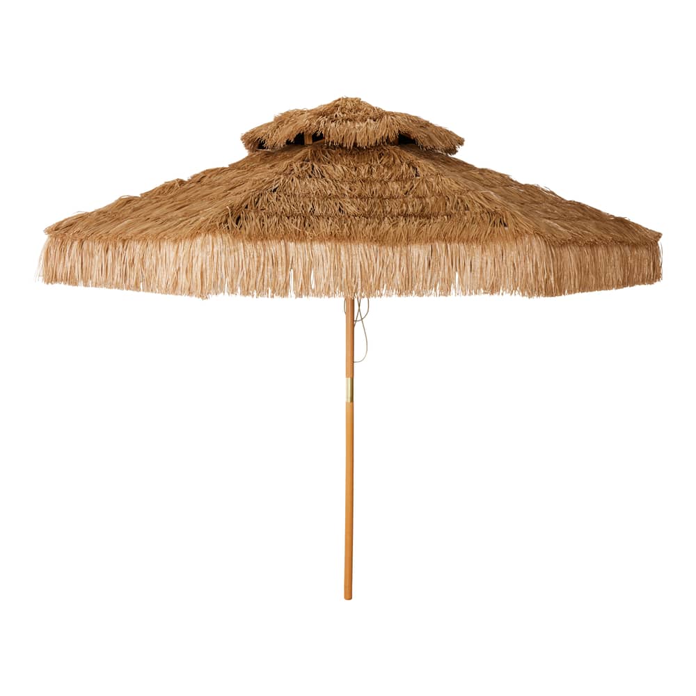 Ombrellone Raffia patio fibre beige / Ø 300 cm - HK LIVING - Rafia naturale - Poliestere, Rafia sintetica, Rovere