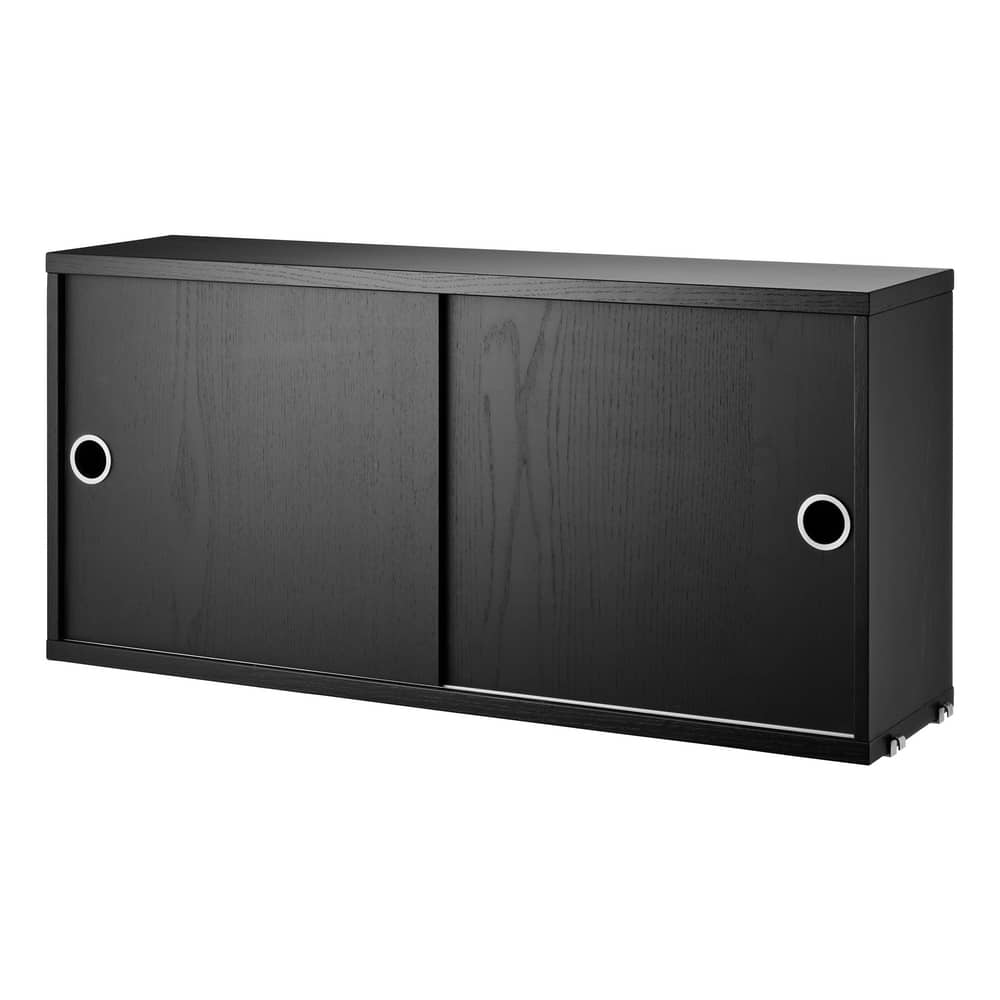 Caisson / 2 portes coulissantes - L 78 x P 20 x H 37 cm - String Furniture - Frêne teinté noir - Acier inoxydable, Aggloméré plaqué