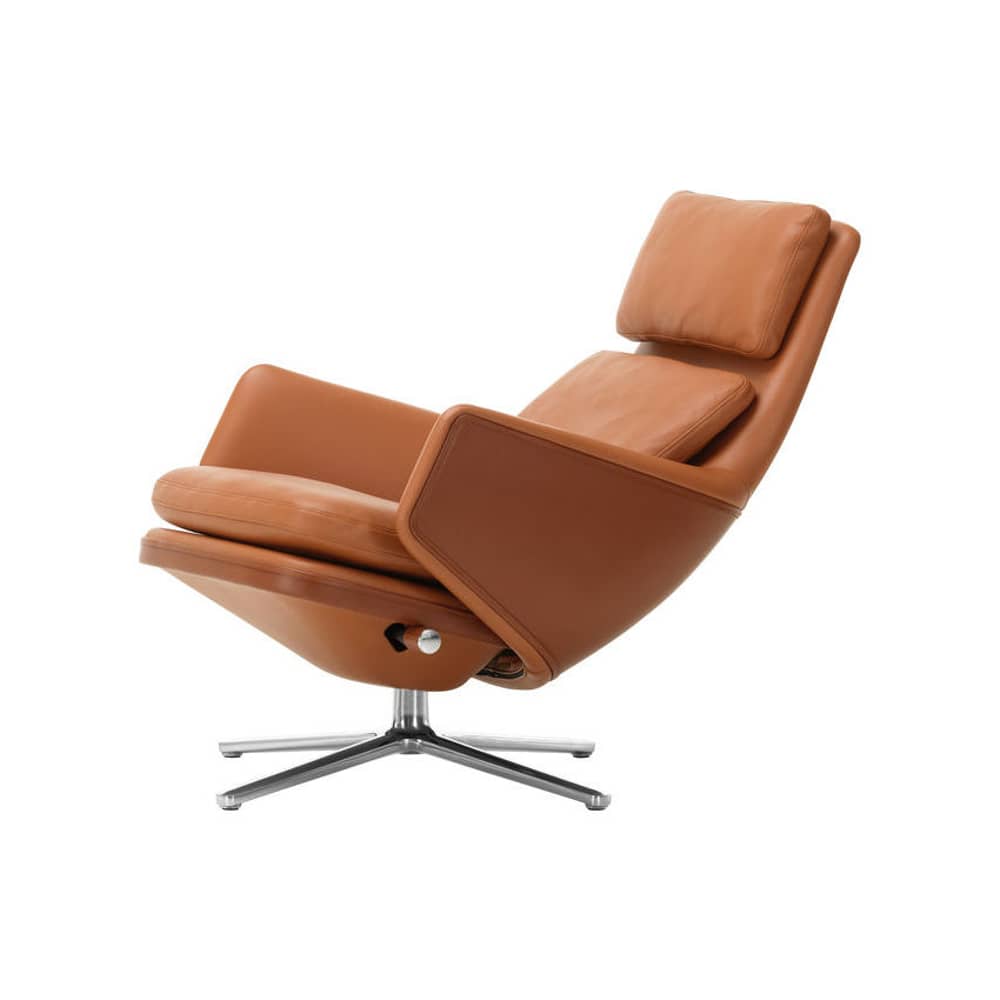 Fauteuil pivotant Grand Relax cuir marron / Pivotant & inclinable - Vitra - Cognac (cuir) / Cognac foncé (cuir) -  Duvet,  Plumes, Aluminium injecté poli, Mousse polyuréthane, Plastique