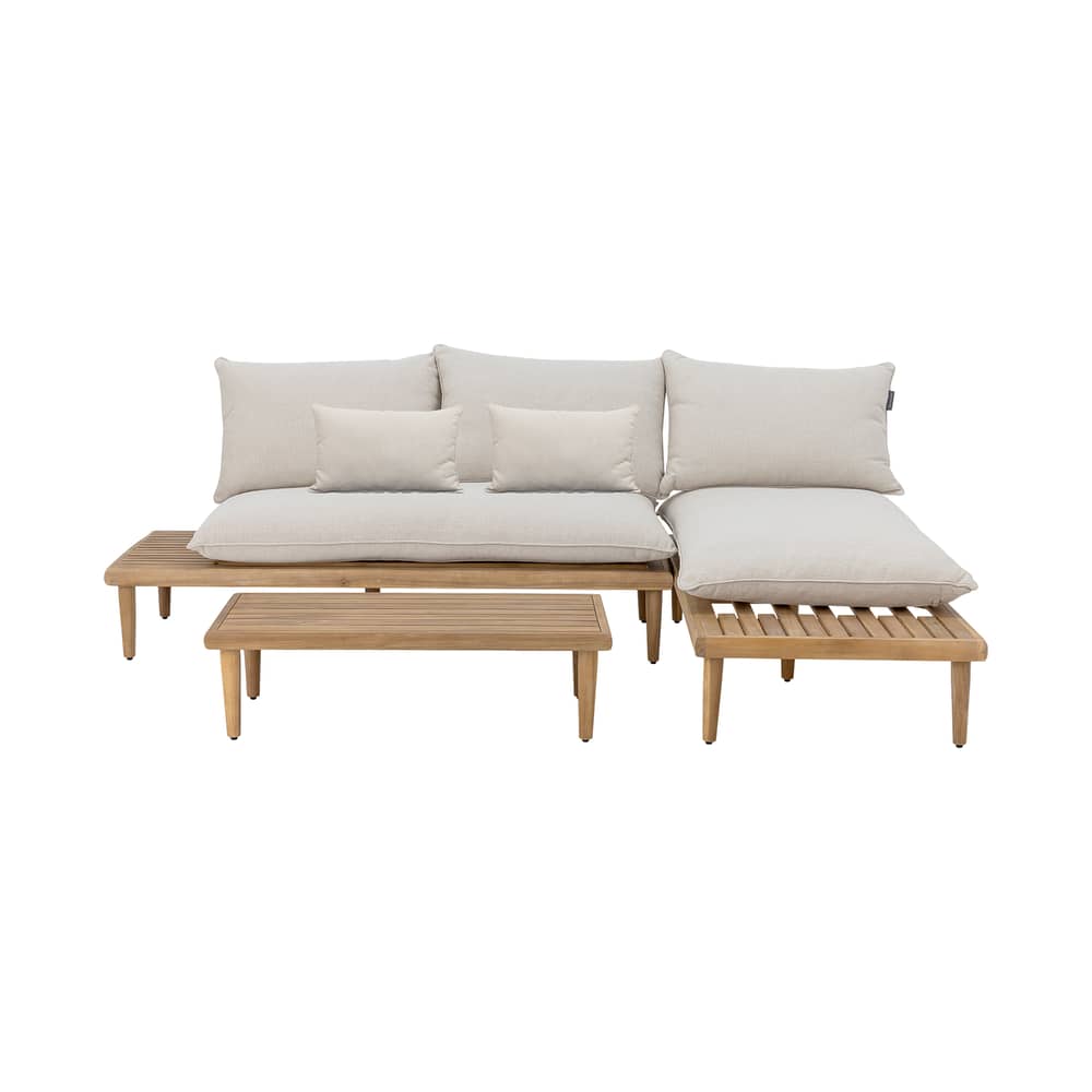 Salon de jardin Cesano / Canapé d\'angle + table basse - Bloomingville - Beige / Acacia naturel - Acacia massif certifié FSC, Mousse polyuréthane, Tissu polyester